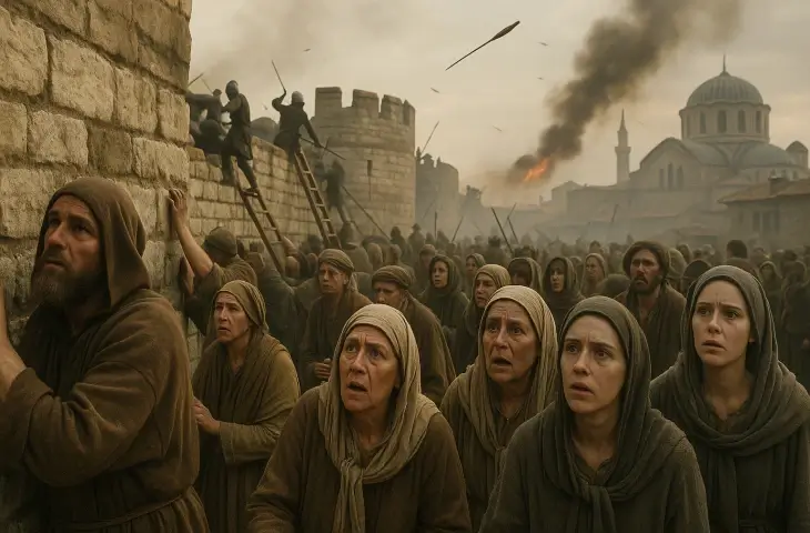 1453 kuşatması sırasında Bizans halkının surların içinde panik ve korku içinde toplandığı, arka planda çatışmaların, alevlerin ve yıkımın görüldüğü dramatik sahne.